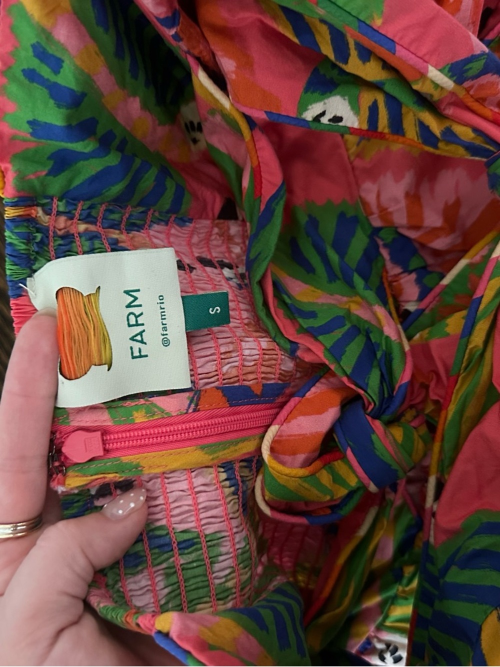 FARM Rio Strapless Graphic Macaw Mini Dress in Pink, Green & Blue Small - Picture 5 of 5